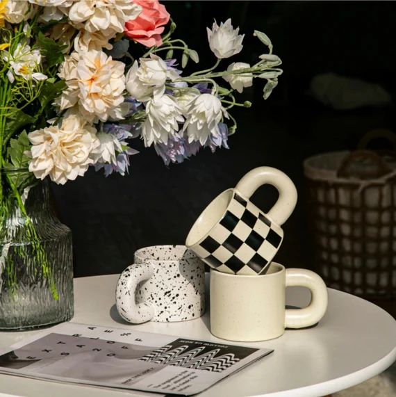 Retro Ceramic Coffee Mug Checkerboard Mug Ceramic Splash Ink - Etsy | Etsy (US)
