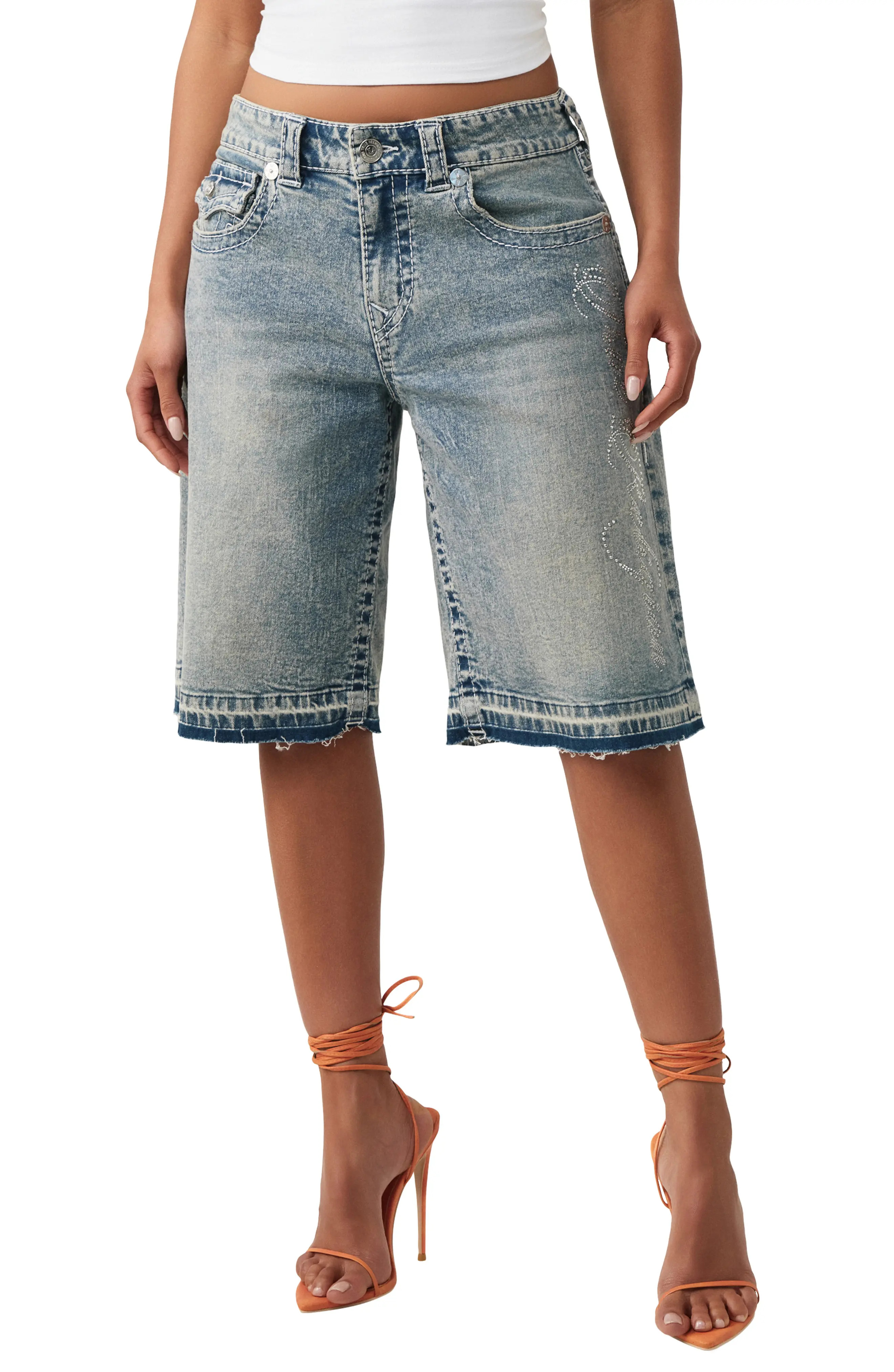 True Religion Jessie Crystal Baggy Longline Jeans Shorts (Women) | Nordstrom | Nordstrom