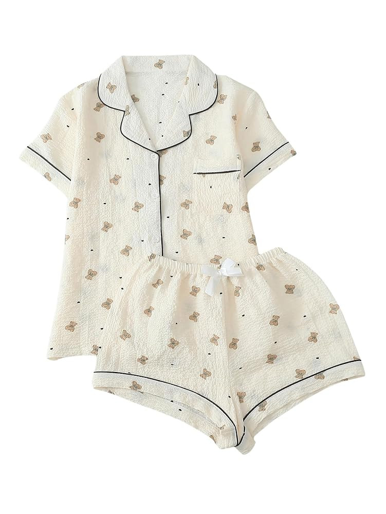 Women's Two Piece Pajama Sets Allover Print Short Sleeve Sleepwear Button Down Shirt and Bow Shor... | Amazon (US)