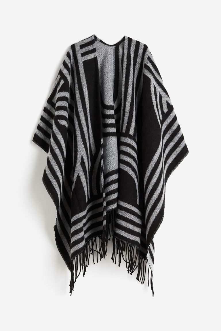Fringe-trimmed Poncho - Black/patterned - Ladies | H&M US | H&M (US)
