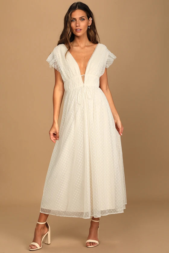 Yours Evermore Cream Swiss Dot Ruffled Midi Dress | Lulus (US)