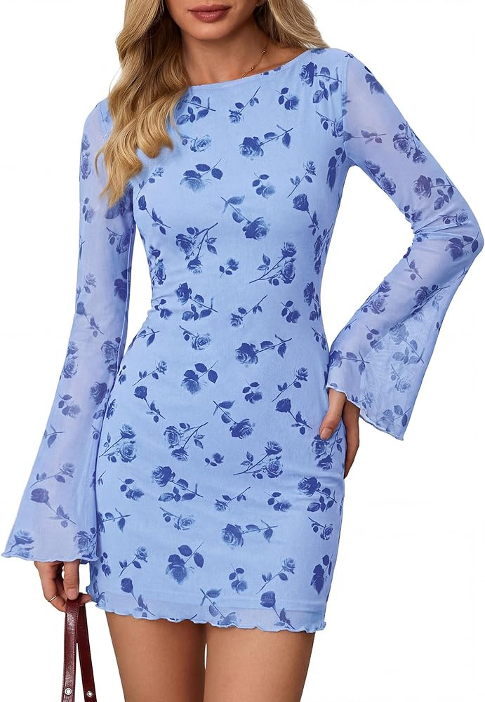 PRETTYGARDEN Women's 2026 Fall Fashion Floral Long Sleeve Mini Dress Mesh Bodycon Short Party Dat... | Amazon (US)