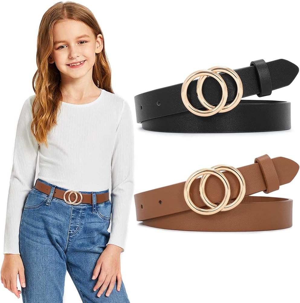 SUOSDEY 2 Pack Kids Leather Belts for Girls Solid Colors Skinny Belt for Teen Girls with Double O... | Amazon (US)