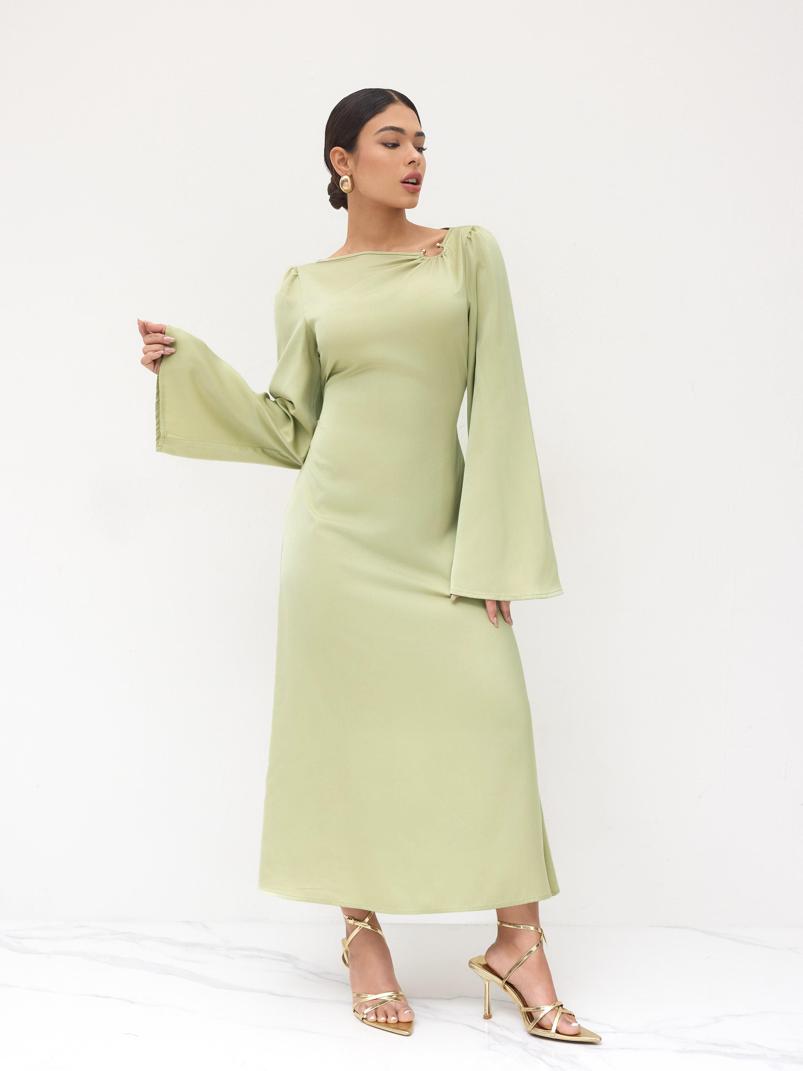 Satin Satin Asymmetrical Neck Knotted Pierced Maxi Dress For Daily Casual | Cider