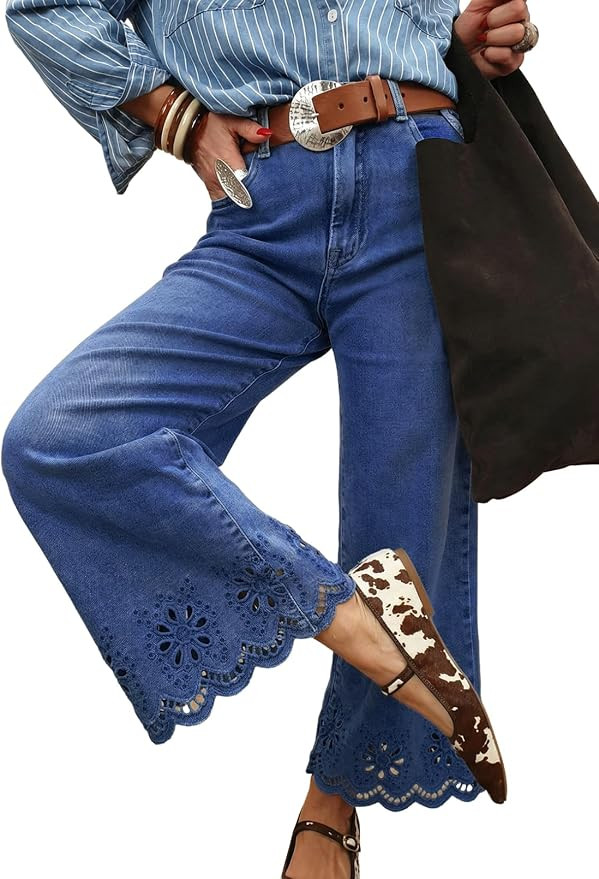Sidefeel Womens Wide Leg Embroidered Jeans High Waisted Stretchy Straight Leg Loose Fit Ankle Den... | Amazon (US)