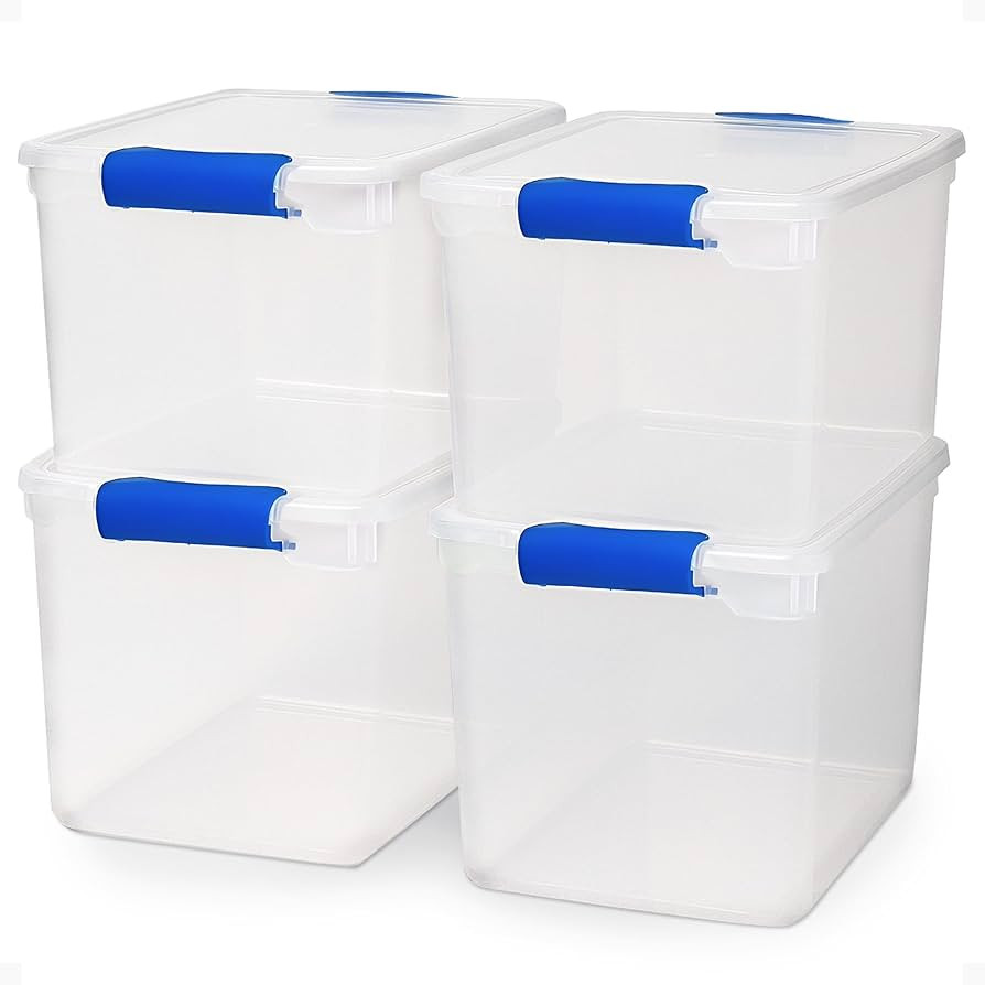 HOMZ 4-Pack 31 Quart Latching Lid, Clear Plastic Storage Organizer Bins, Blue – Stackable Conta... | Amazon (US)