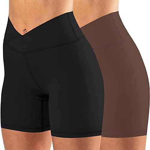 Womens Biker Yoga Shorts Crossover Summer 5" Inseam Workout Athletic Running Gym Short Girls 2 Pack Black/Brown,Large | Amazon (US)