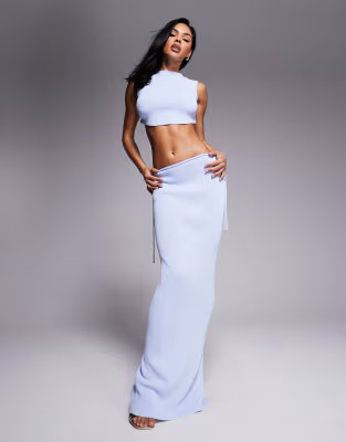 Wanderdoll Sienna fine knit high neck open button back detail top and maxi skirt co-ord in baby b... | ASOS (Global)