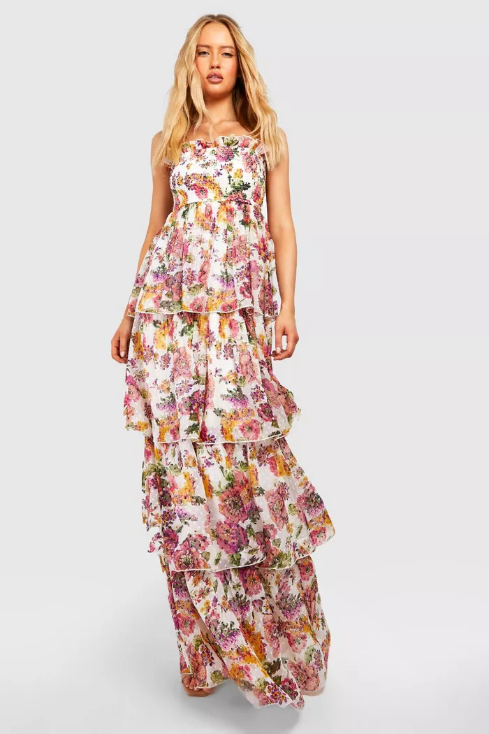 Tall Shirred Split Tiered Floral Dobby Mesh Maxi Dress | Boohoo.com (US & CA)