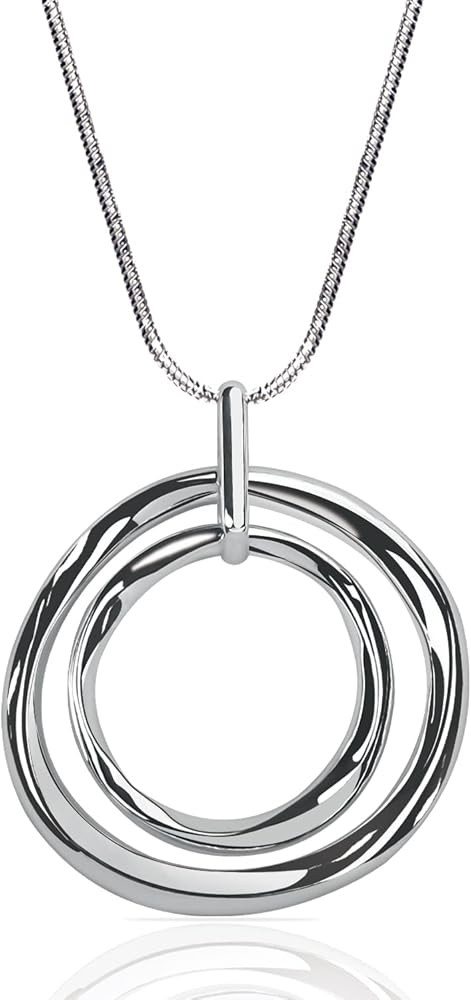 Silver Gold Double Circle/Ginkgo Necklace, Long Silver Necklace Sweater long Silver Chain for Wom... | Amazon (US)
