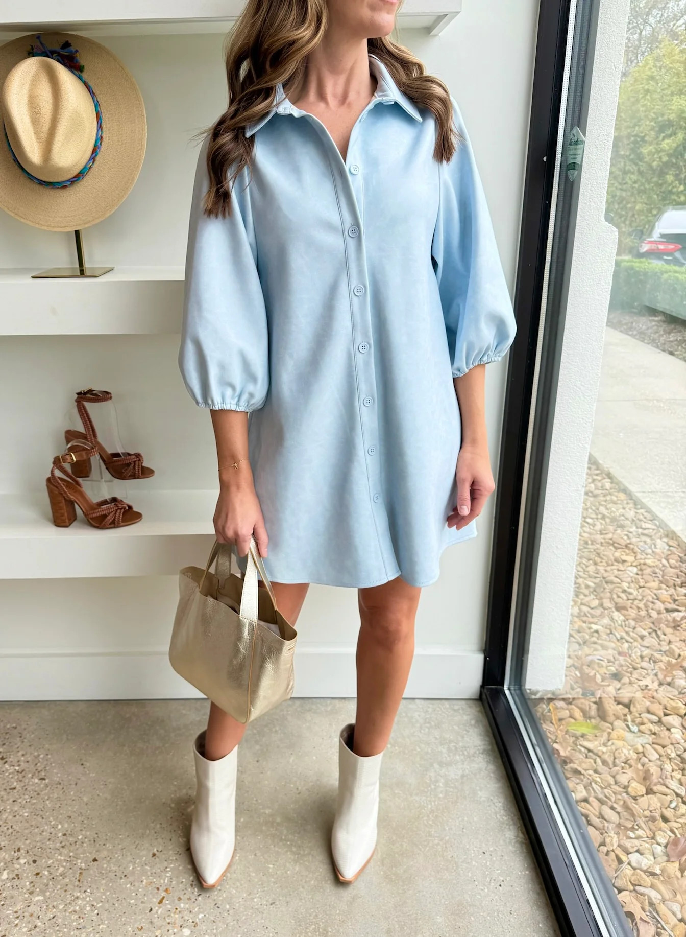 Sky Blue Vegan Leather Tunic Dress | Amor lafayette