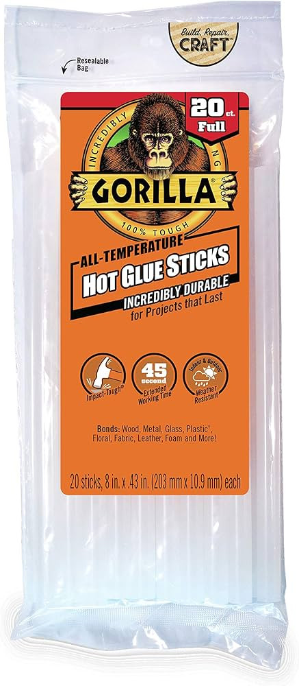 Gorilla Hot Glue Sticks, Full Size, 8" Long x .43" Diameter, 45 Count, Clear, Bonds: Wood, Metal,... | Amazon (US)