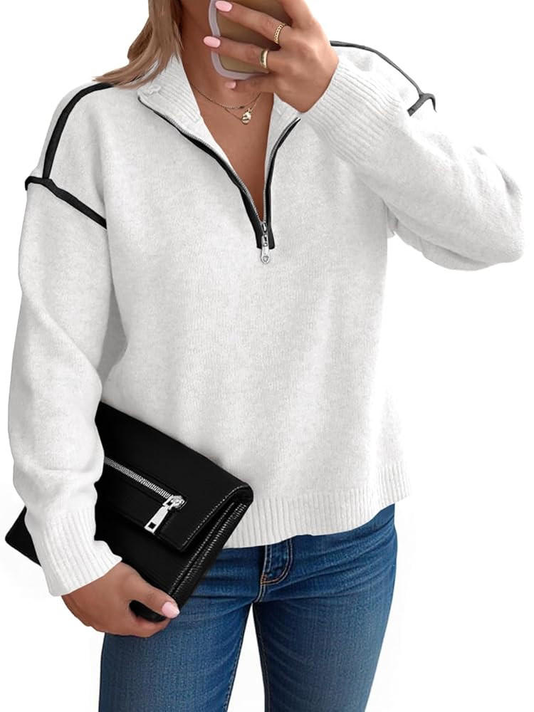 Saodimallsu Womens Quarter Zip Pullover Sweaters Casual Collared V Neck Color Block Long Sleeve L... | Amazon (US)