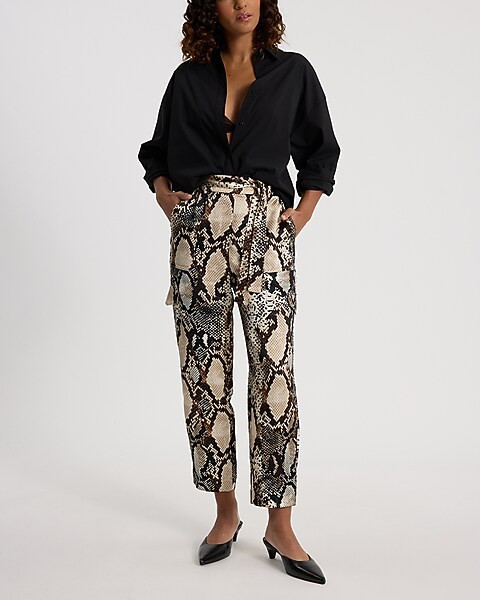 High Waisted Satin Snakeskin Belted Cargo Straight Ankle Pant | Express
