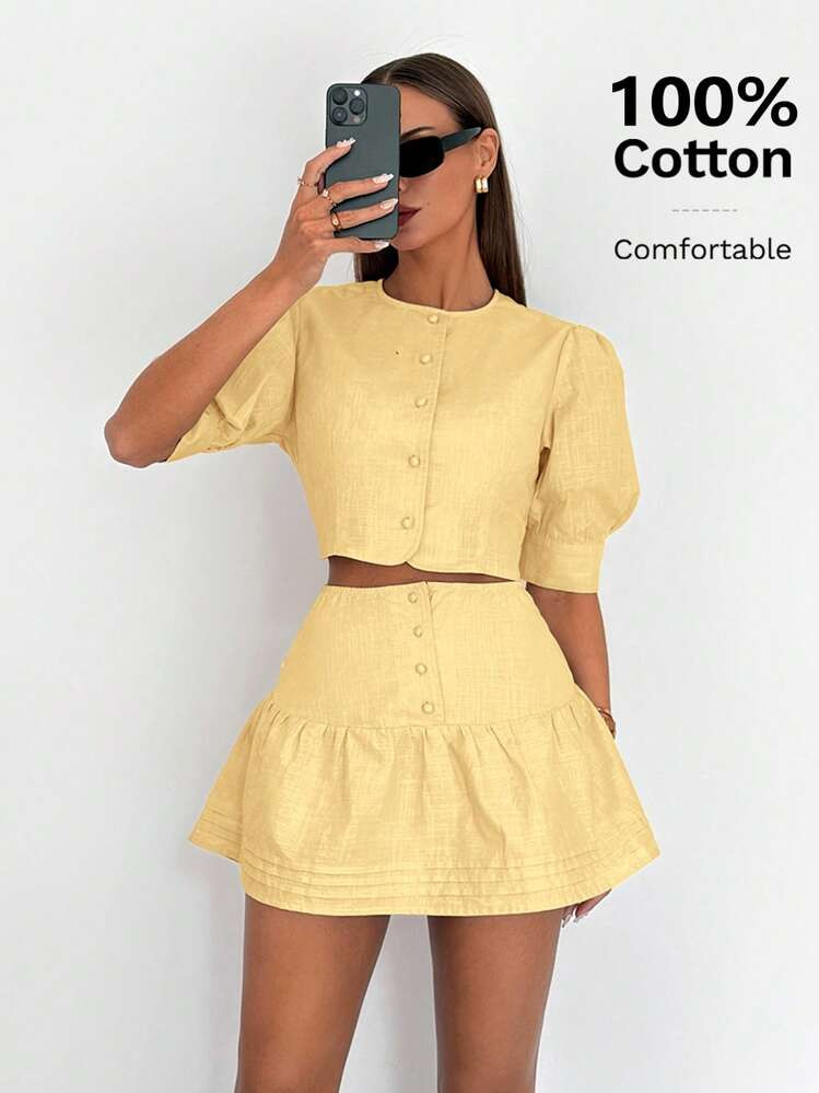 Siren Gaze Women's 100% Cotton Summer Casual Front Button Puff Sleeve Top & Skirt Set Winter Casual New Year Spring | SHEIN
