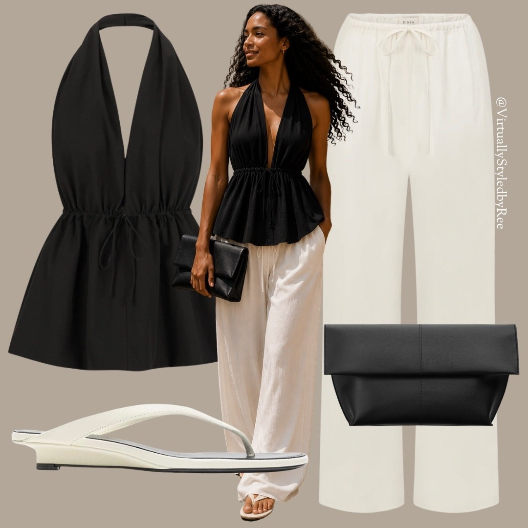 Effortless date night uncomplicated 🖤🤍

This black halter peplum top and cream wide leg trousers combo is giving elevated yet easy, perfect for dinner, drinks, or a summer bbq look. The plunge neckline cinched waist does all the work while the flowy pants keep it breezy.

Finished it off with a chic foldover clutch and minimal cream sandals for that effortless look!

#LTKsummer #LTKuk #LTKeurope