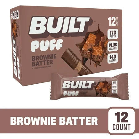 BUILT Bar, Puff Protein Snack Bars, Brownie Batter, 17g Protein, Collagen, Gluten Free, 12ct Box | Walmart (US)