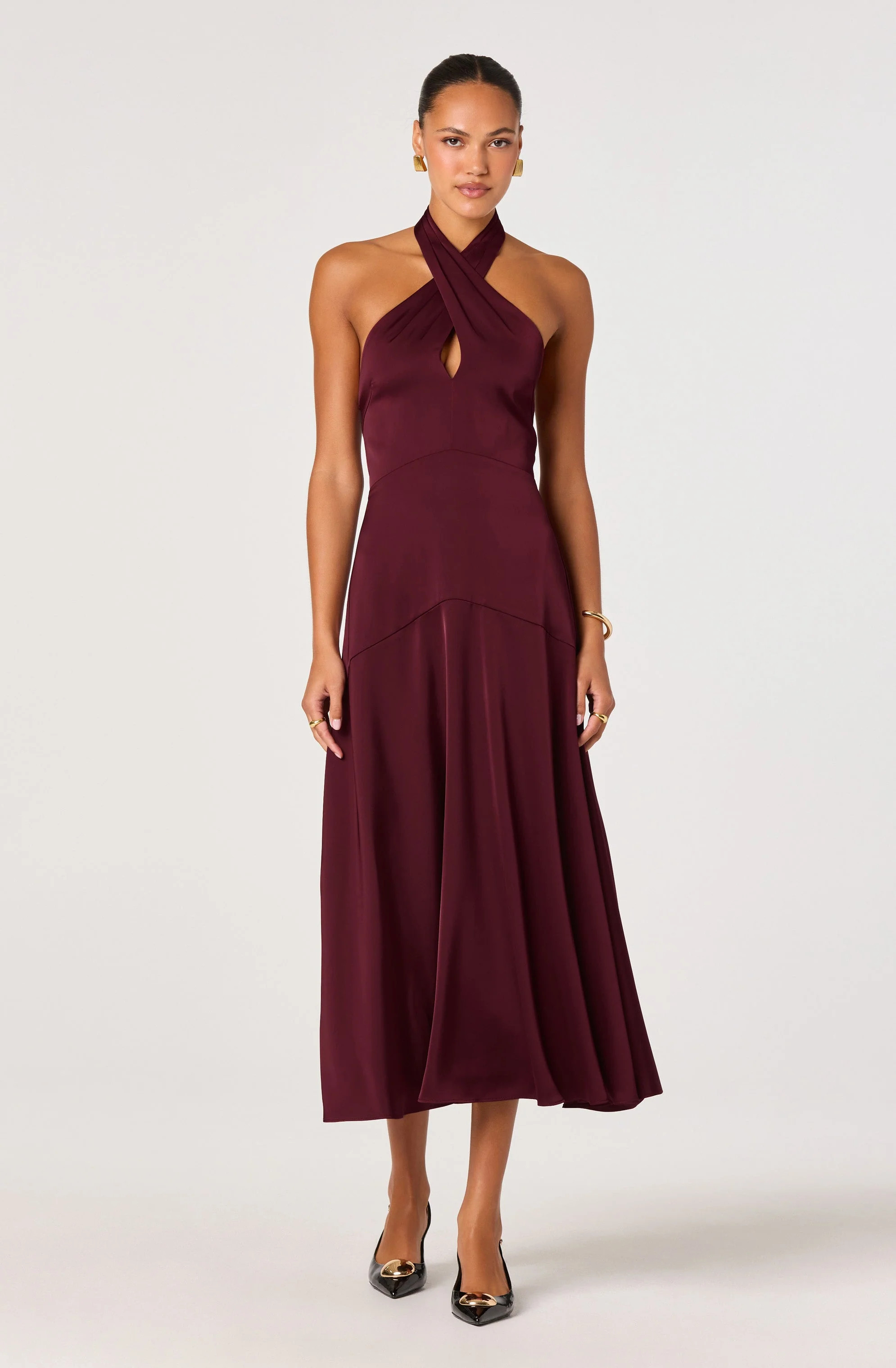 Satin Crossover Halter Midi Dress - Wine / XS | ASTR The Label (US)