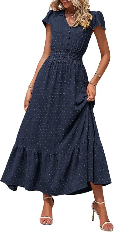PRETTYGARDEN Womens Dresses 2026 Summer Maxi Dress Boho Short Sleeve V Neck Swiss Dot Ruffle Tier... | Amazon (US)