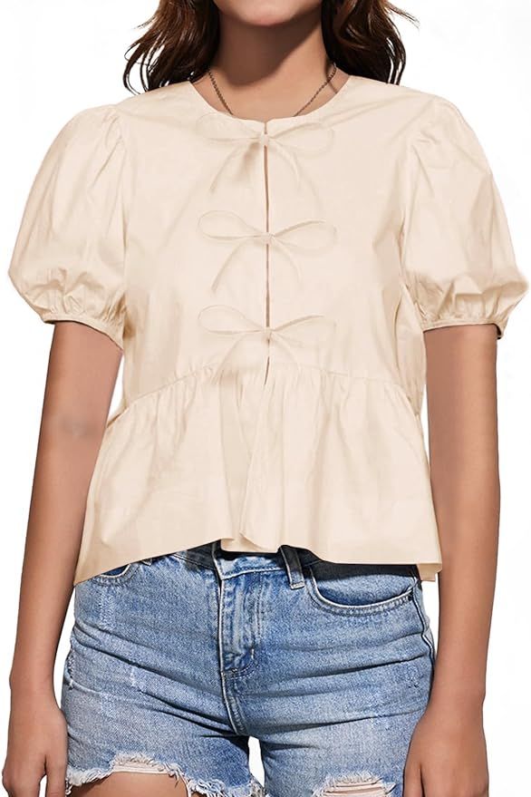 Omoone Women's Tie Front Babydoll Shirts Puff Sleeve Peplum Tops Reversible Y2k Trendy Blouse | Amazon (US)