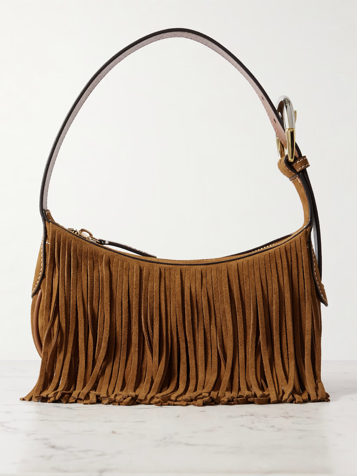 STAUD - Owen Leather-trimmed Fringed Suede Shoulder Bag - Brown | NET-A-PORTER (US)