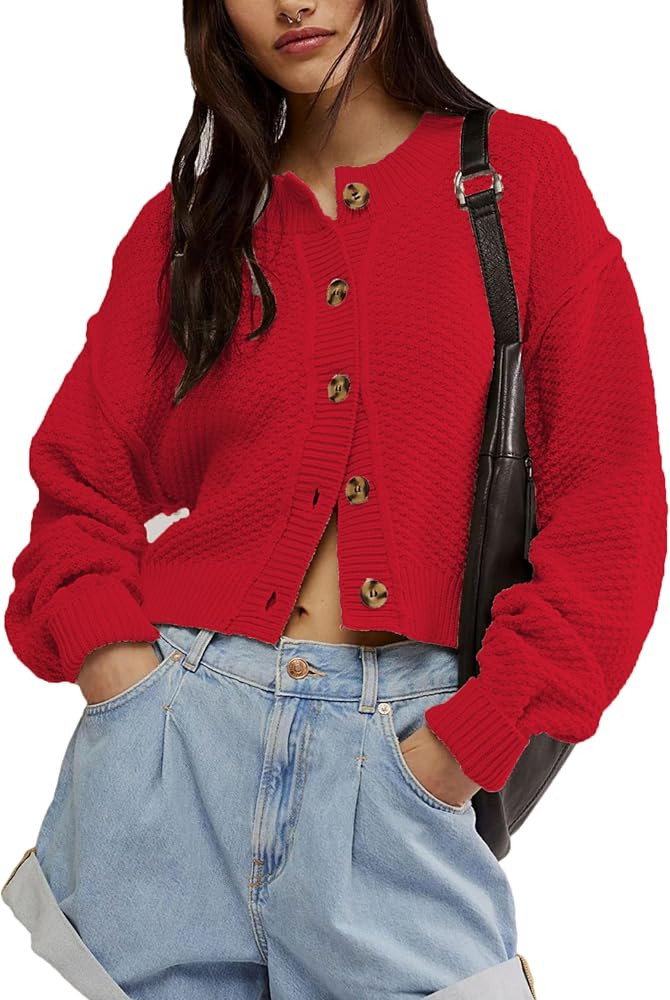 Zontroldy Womens 2025 Spring Fall Casual Cropped Cardigan Button Front Solid Color Striped Long S... | Amazon (US)