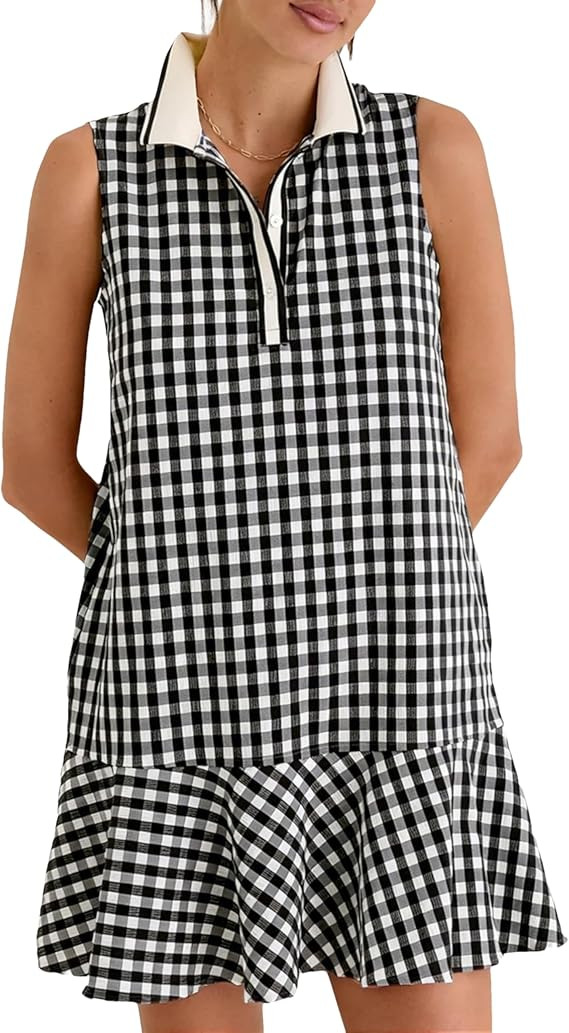 Shiyifa Womens Gingham Polo Dress Sleeveless Golf Mini Dresses Summer V Neck Plaid Tennis Sundres... | Amazon (US)