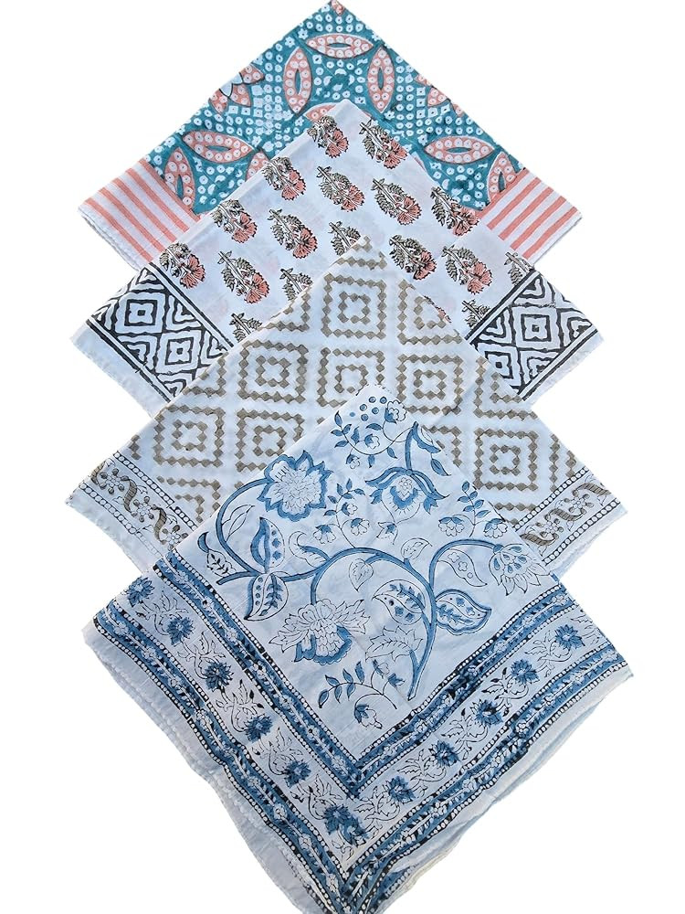 Cotton 4 Pack Neckerchief Hand Block Print Bandanas, Bohemian Style Neck Scarf, Boho Soft Bandana... | Amazon (US)