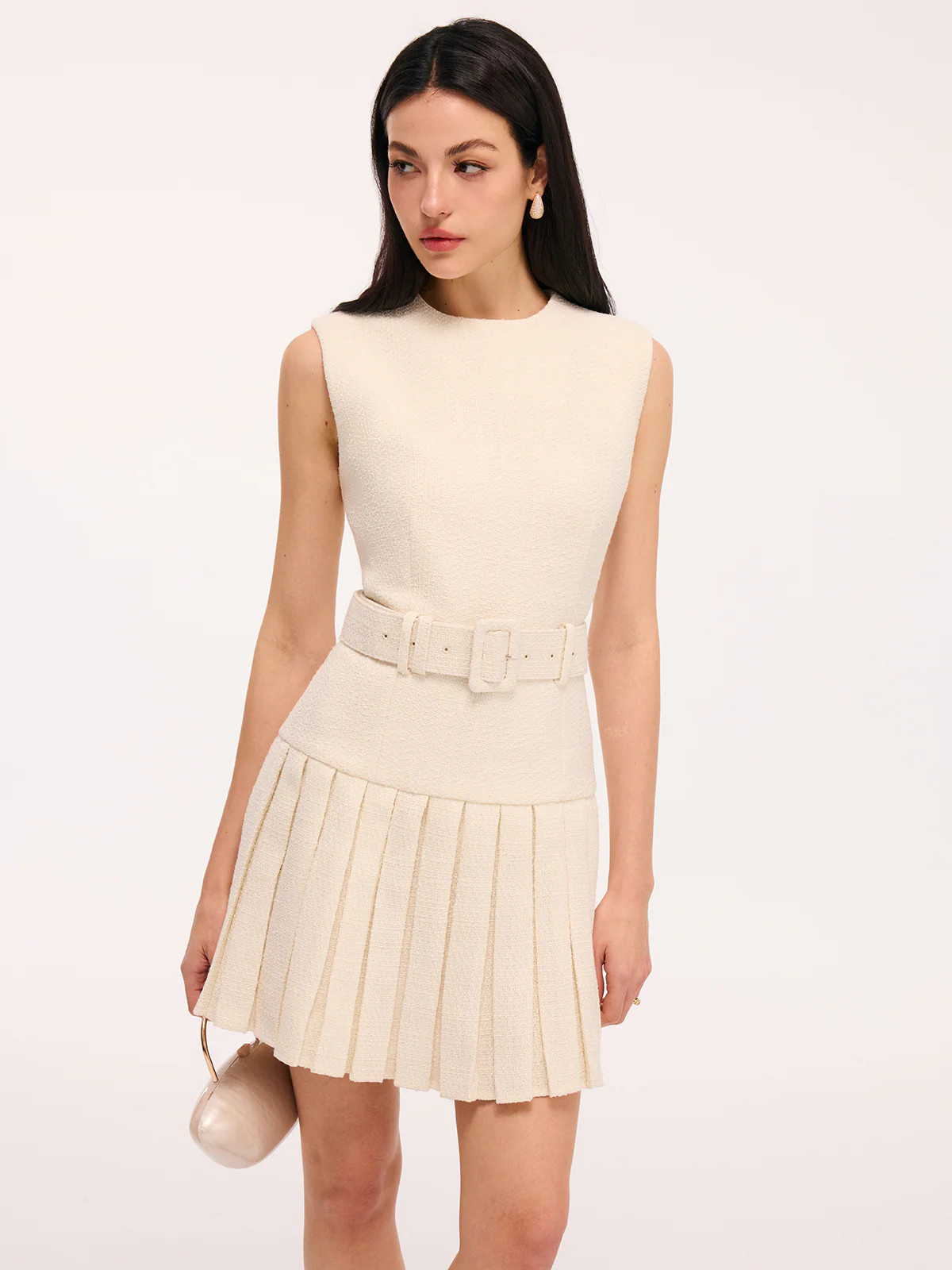 Belted Tweed Sleeveless Pleated Mini Dress | Commense