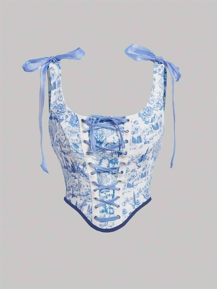 SHEIN MOD Figure and Floral Print Tie Shoulder Curved Hem Tank Top Without Blouse | SHEIN