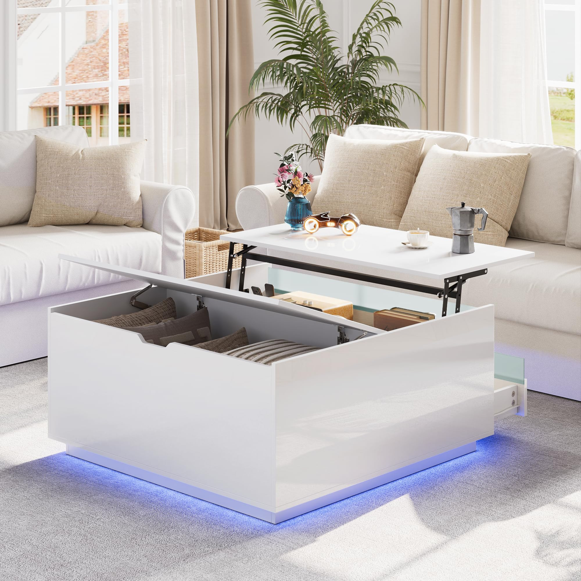 High Gloss Coffee Table with Storage,White Square Lift Top Coffee Tables with LED & Flip Lid, Sma... | Amazon (US)