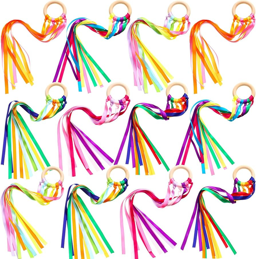 12 Pcs Rainbow Ribbon Wooden Waldorf Toys Creative Waldorf Hand Kite Set Streamers with Wood Ring... | Amazon (US)