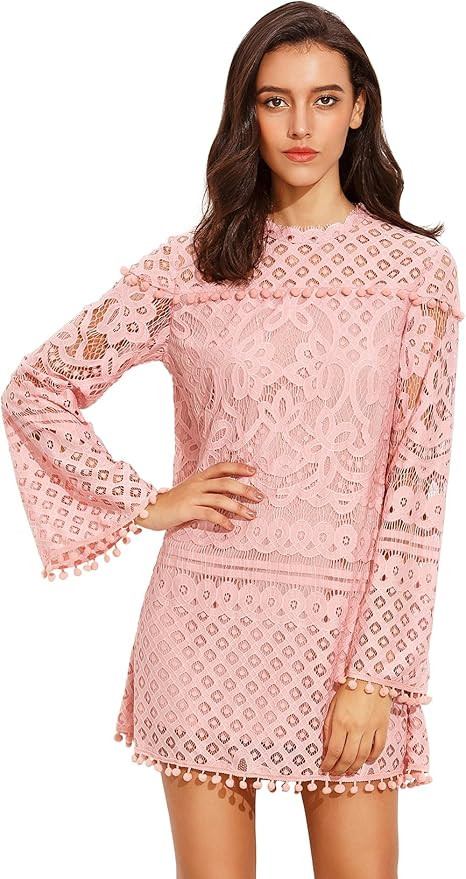 SheIn Women's Crochet Pom-pom Sheer Lace Bell Sleeve Dress | Amazon (US)