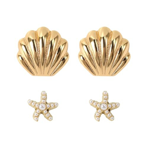 2 Pairs Gold Seashell Earrings for Women and Starfish Earrings, Beachy Boho Dangle Drop Jewelry, Summer Nautical Mermaid Statement Exaggerated Earrings Studs, Chunky Ocean Cowrie Shell Conch Earrings | Amazon (US)