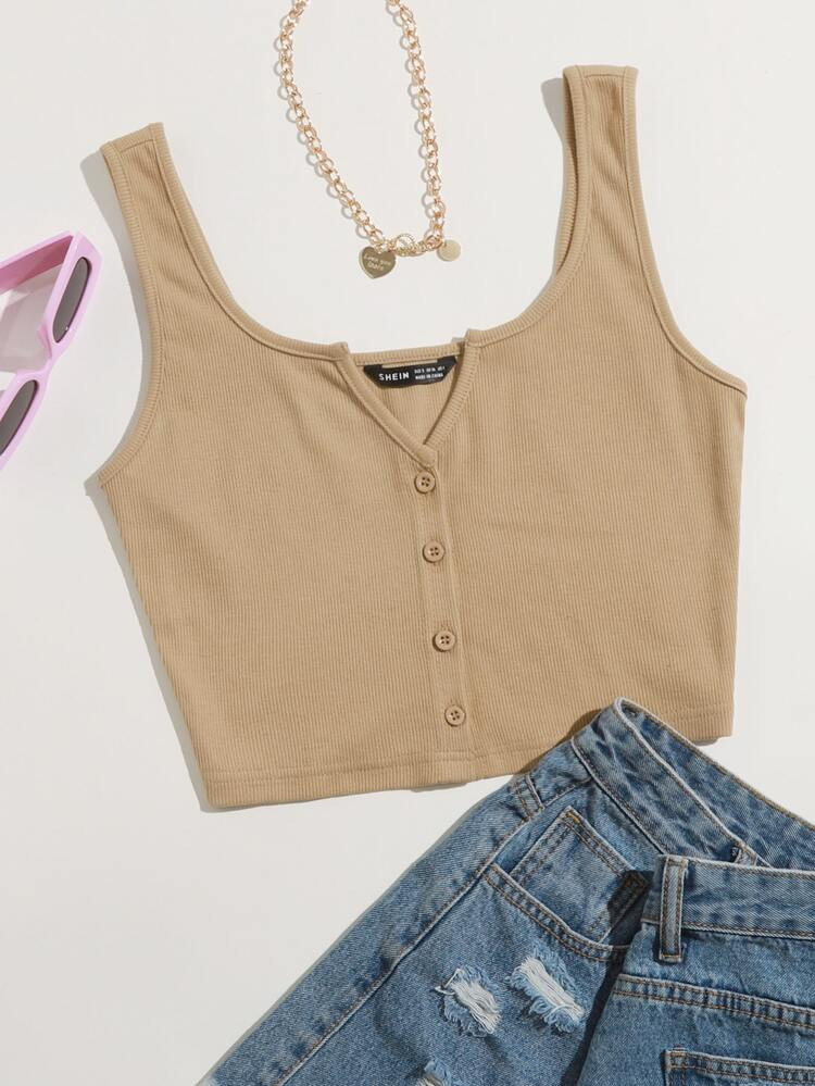 SHEIN Notch Neck Button Front Tank Top | SHEIN