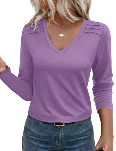 JUSTFASHIONNOW Pleated Long Sleeve Shirts for Women V Neck Dressy Casual Business Blouses Fall Tops 2025 Trendy(Purple,X-Large) | Amazon (US)