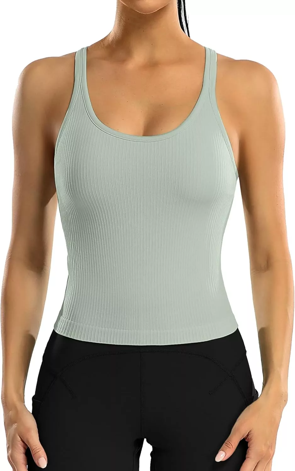 ATTRACO Black Workout Tops for Women Built in Bra Tank Tops Racer Back Yoga  T