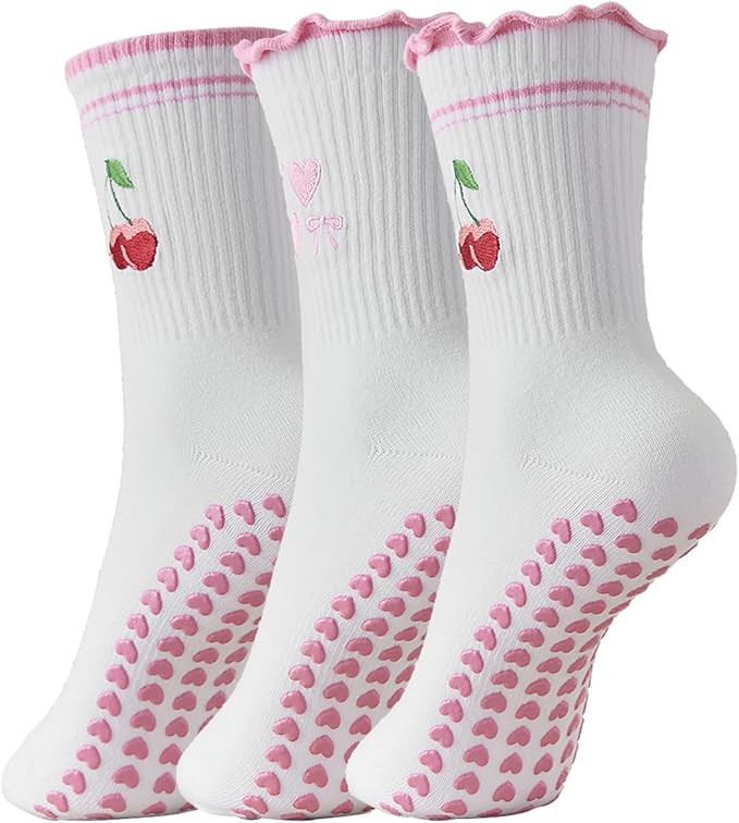 Bestag Cute Embroidery 3 Pairs Pilates Socks with Grips Non-slip Ruffle Yoga Sock Grip Socks for ... | Amazon (US)