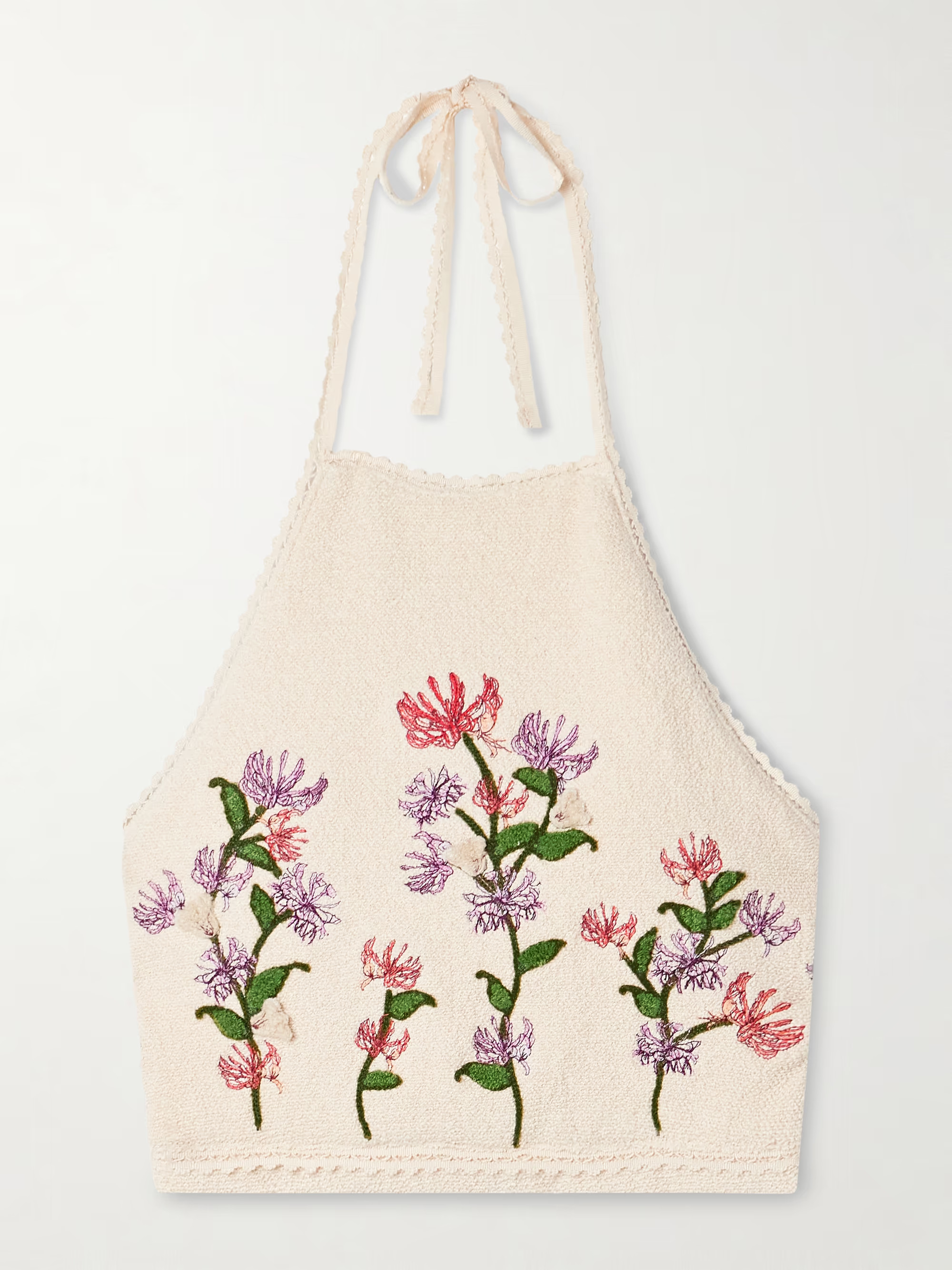 Carlota Honeysuckle cropped appliquéd embroidered cotton-blend bouclé halterneck top | NET-A-PORTER (UK & EU)