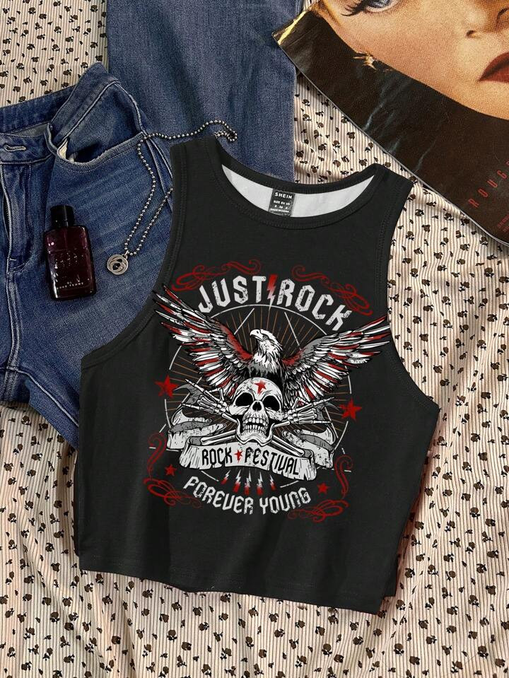 SHEIN EZwear Casual Minimalist Eagle & Skull Print Fitted Round Neck Camis For Women, Suitable Fo... | SHEIN