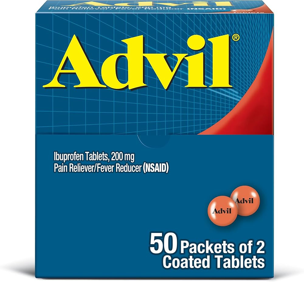 Amazon.com: Advil Pain Reliever and Fever Reducer, Pain Relief Medicine with Ibuprofen 200mg for Headache, Backache, Menstrual Pain and Joint Pain Relief - 50x2 Coated Tablets | Relieves Headaches and Back Pain, Reduces Fever, Easy to Swallow Tablets, Travel-Friendly Packet Format : Health & Household | Amazon (US)