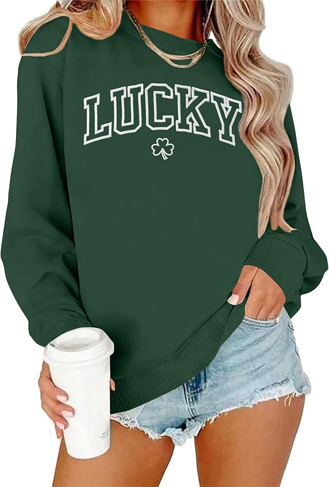 VVNTY St. Patrick's Day Sweatshirt for Women: Embroidered Lucky Shamrock Graphic Tee Shirts Paddy... | Amazon (US)