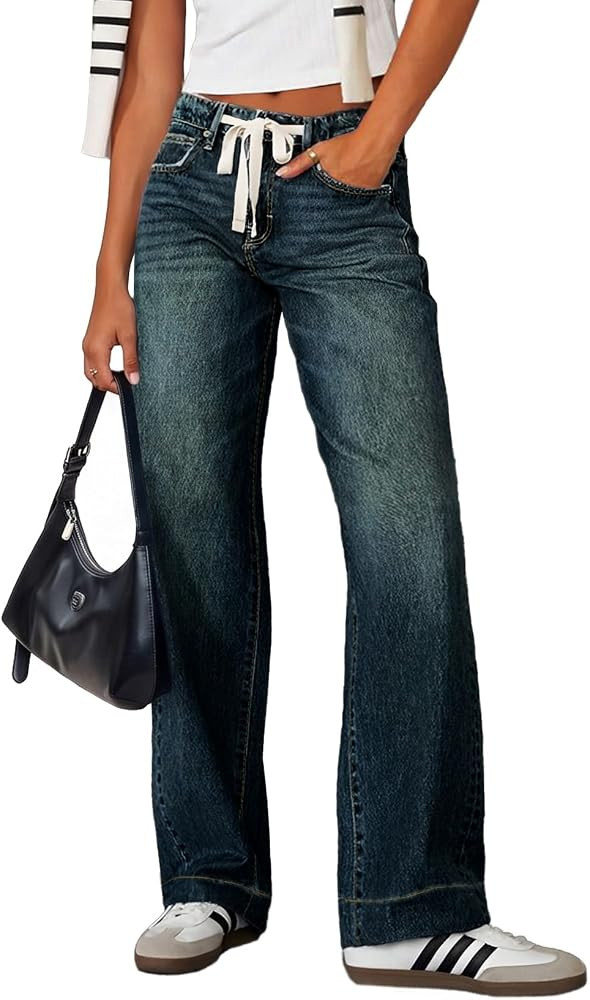 Sidefeel Women's High Waisted Straight Leg Jeans Drawstring Denim Pants | Amazon (US)