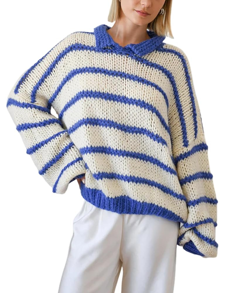 Lentta Womens Striped Sweater Crewneck Drop Shoulder Long Balloon Sleeve Oversized Knit Pullover | Amazon (US)