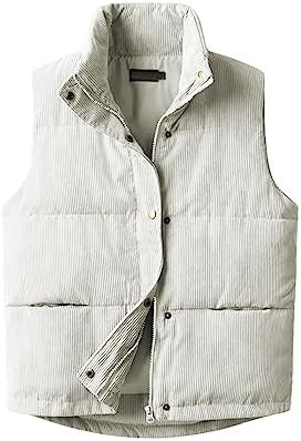 Womens Corduroy Puffer Vest Sleeveless Stand Collar Zip Up Snap Lightweight Jacket Padded Gilet O... | Amazon (US)