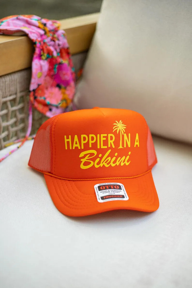 Happier in a Bikini Trucker Hat, Vacation Hat, Beach Bum, Beach Hat, Summer Hat, Lake Days, Boat ... | Etsy (US)