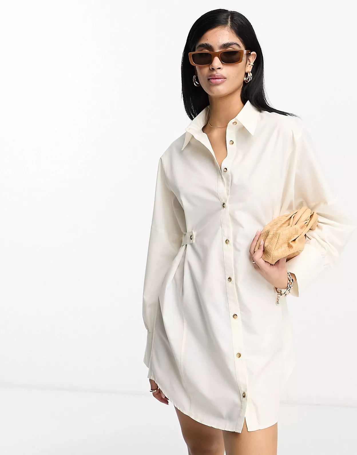 ASOS DESIGN utility mini shirt dress with tab waist with horn buttons in cream | ASOS (Global)