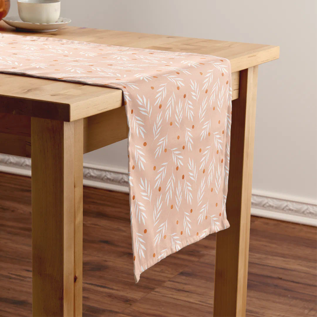 Modern Apricot Pink Floral Leaves Pattern Short Table Runner | Zazzle