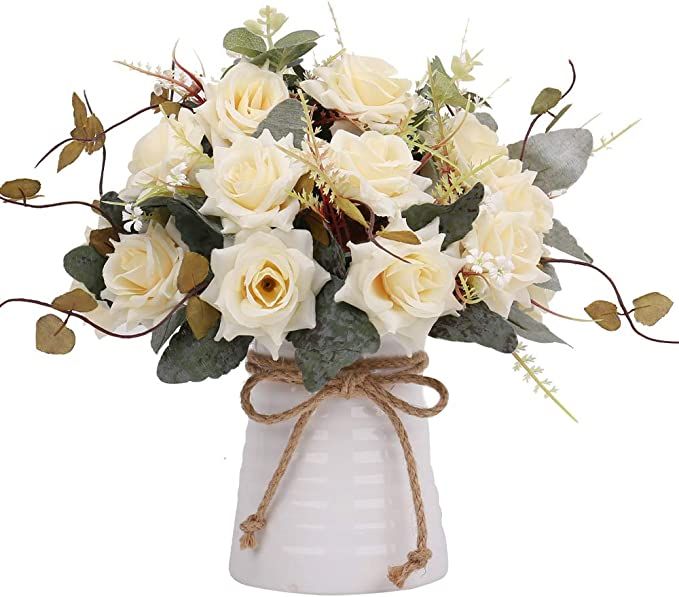 YILIYAJIA Artificial Flowers in Vase Silk Rose Flower Arrangements Fake Faux Flowers Bouquets wit... | Amazon (US)