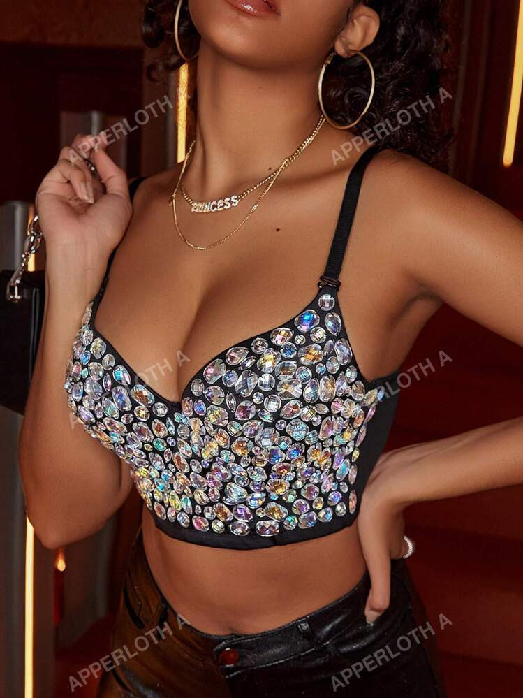 Apperloth A Hook & Eye Rhinestone Crop Cami Top Sexy Music Festival | SHEIN